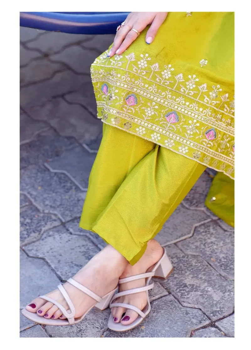 Heavy Embroidery Work Chinon Lemon yellow Suit