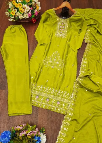Heavy Embroidery Work Chinon Lemon yellow Suit