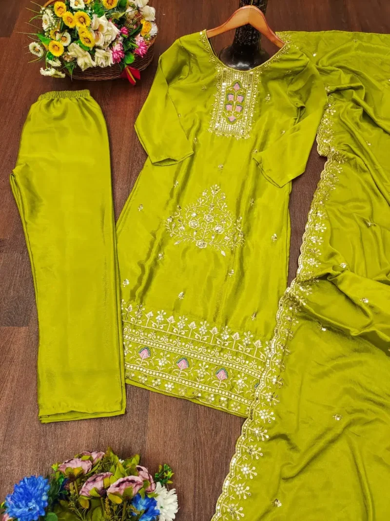 Heavy Embroidery Work Chinon Lemon yellow Suit