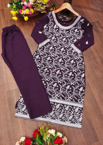 Heavy Embroidery Work Faux Georgette Wine Dress
