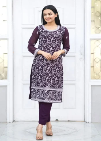 Heavy Embroidery Work Faux Georgette Wine Dress