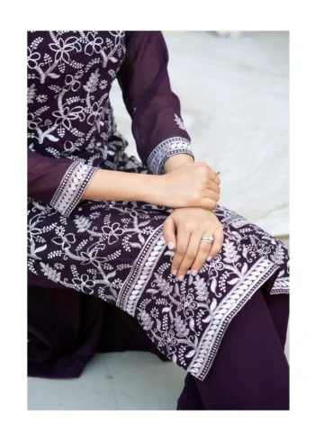 Heavy Embroidery Work Faux Georgette Wine Dress