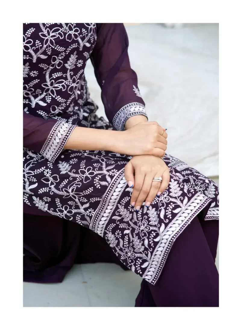 Heavy Embroidery Work Faux Georgette Wine Dress