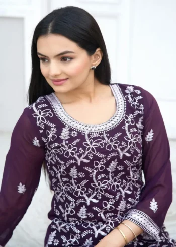 Heavy Embroidery Work Faux Georgette Wine Dress