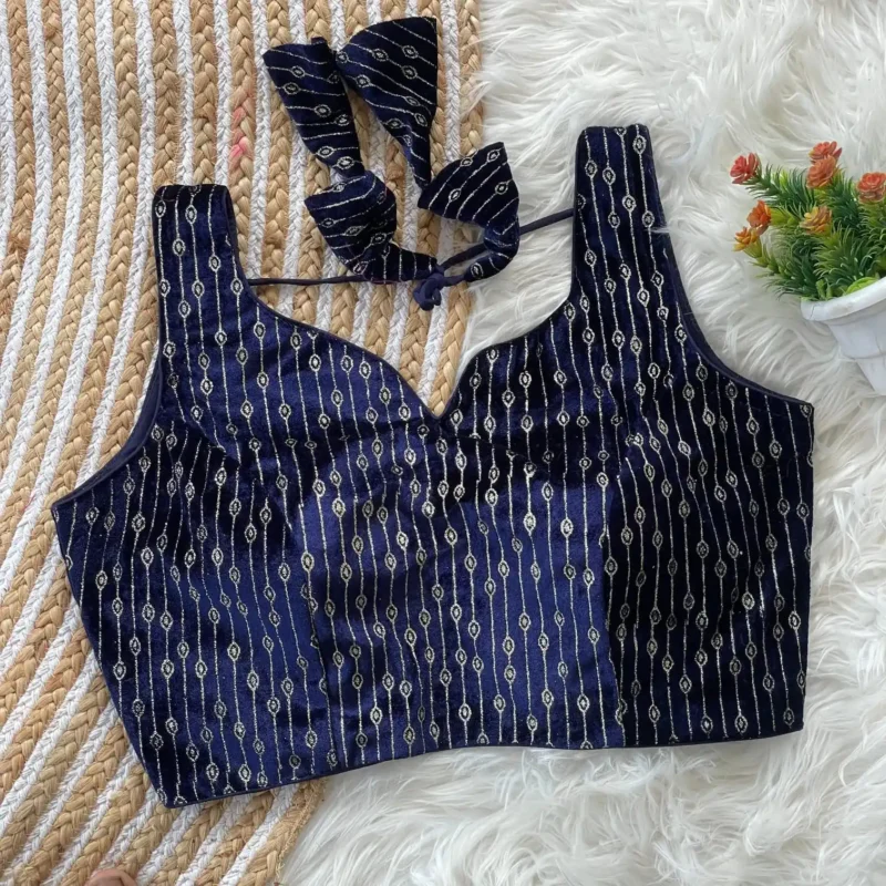 Heavy Velvet Back Open Foil Printed Blouse