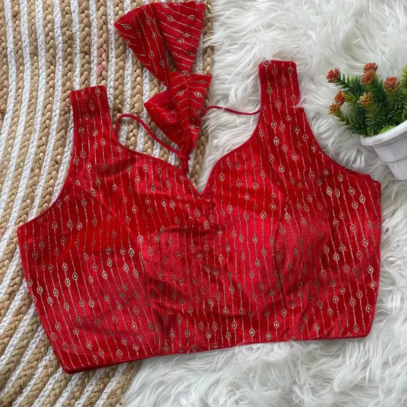 Heavy Velvet Back Open Foil Printed Blouse