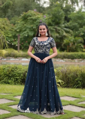 Ink Blue Coding Sequins Embroidered Designer Gown