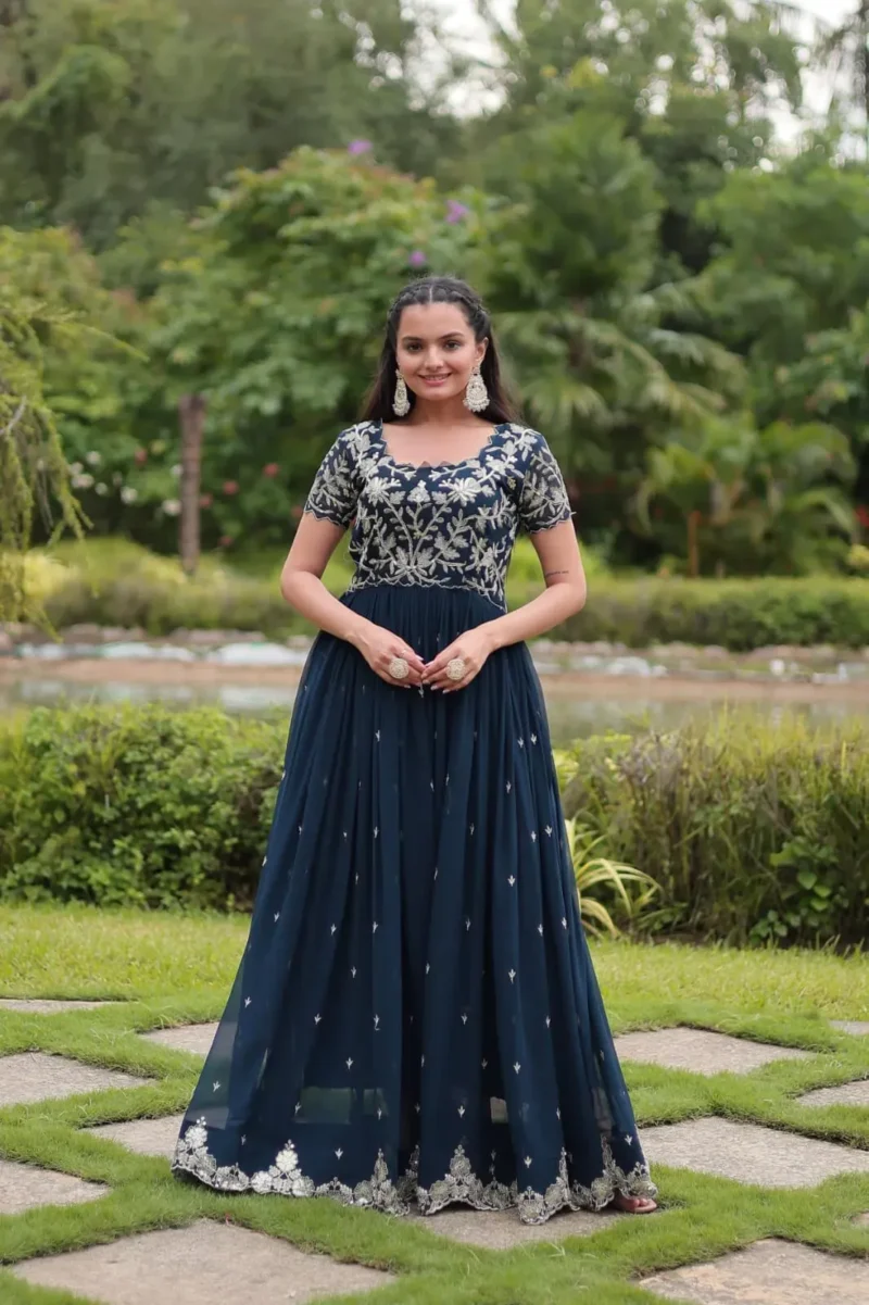 Ink Blue Coding Sequins Embroidered Designer Gown