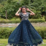 Ink Blue Coding Sequins Embroidered Designer Gown