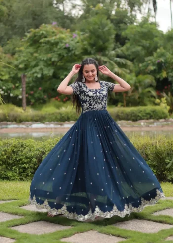 Ink Blue Coding Sequins Embroidered Designer Gown