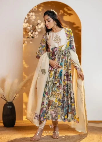 Kalamkari Printed Zari Work Chinon Silk Designer Gown