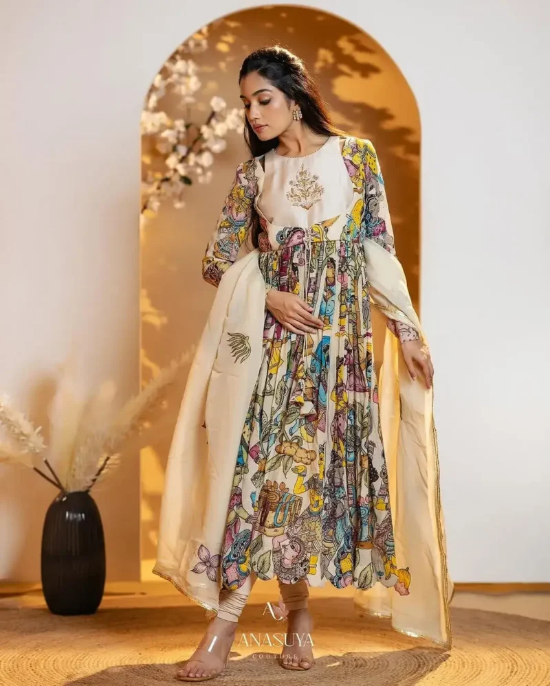 Kalamkari Printed Zari Work Chinon Silk Designer Gown