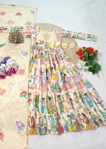 Kalamkari Printed Zari Work Chinon Silk Designer Gown