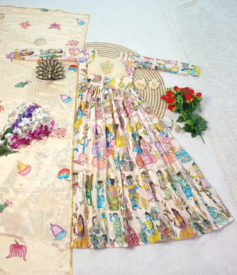 Kalamkari Printed Zari Work Chinon Silk Designer Gown