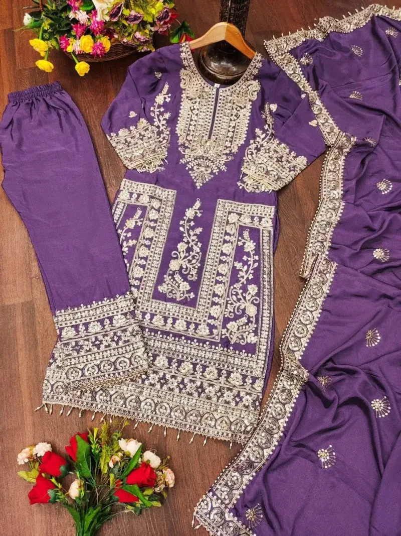 Designer Embroiderd Chinon Suit with Coding Sequins Embroidery Work