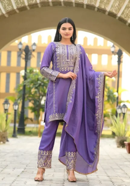 Lavender Color Designer Embroidered Chinon Suit with Coding Sequins embroidery