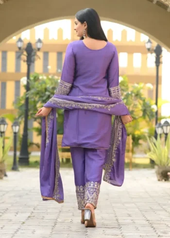 Lavender Color Designer Embroidered Chinon Suit with Coding Sequins embroidery