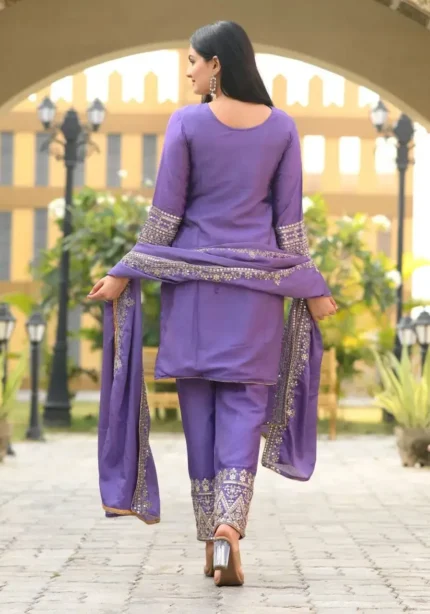 Lavender Color Designer Embroidered Chinon Suit with Coding Sequins embroidery