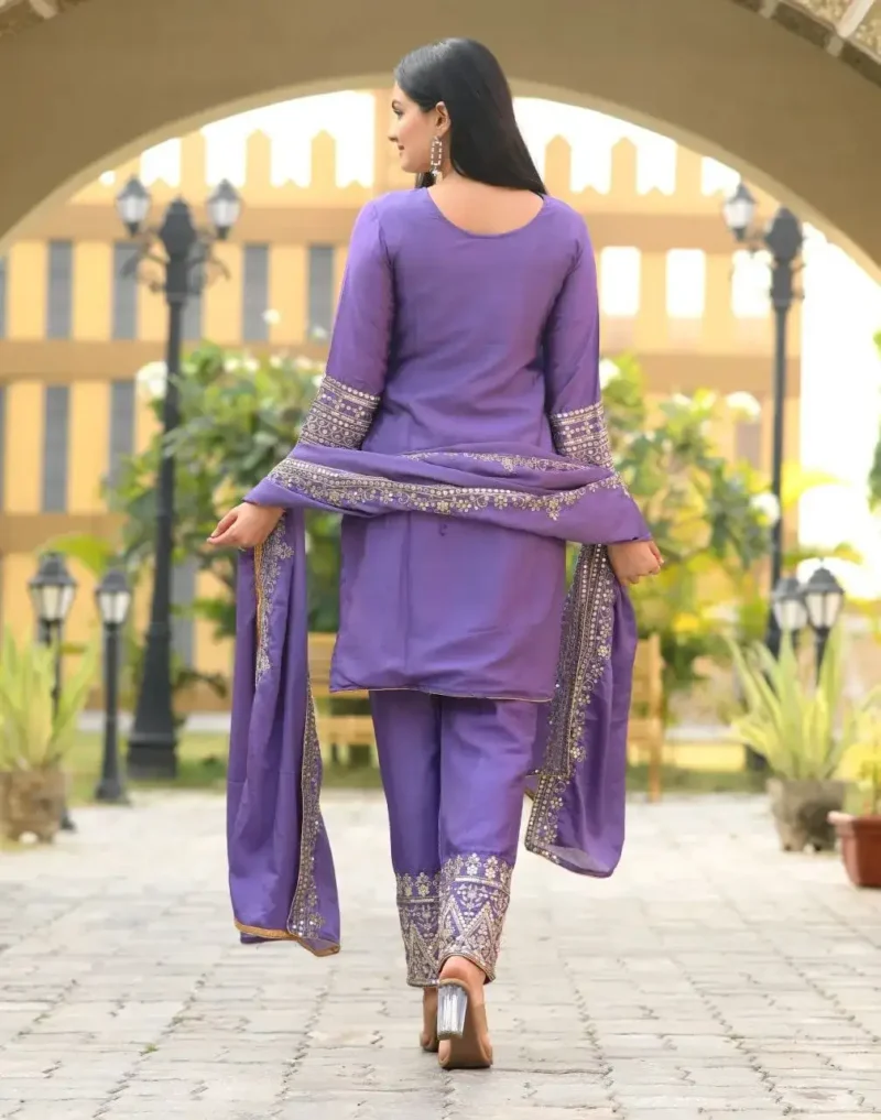 Lavender Color Designer Embroidered Chinon Suit with Coding Sequins embroidery