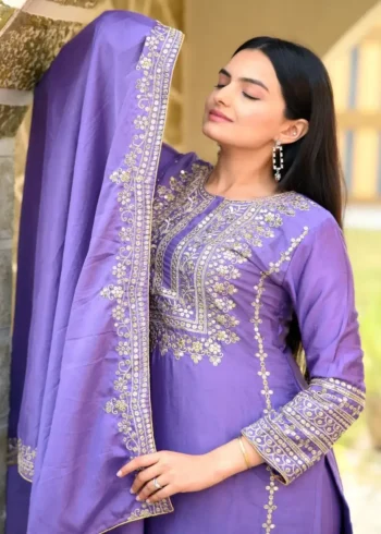 Lavender Color Designer Embroidered Chinon Suit with Coding Sequins embroidery