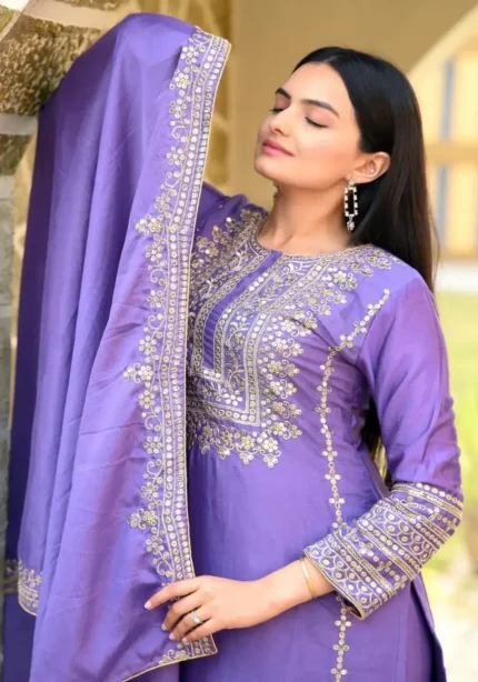 Lavender Color Designer Embroidered Chinon Suit with Coding Sequins embroidery