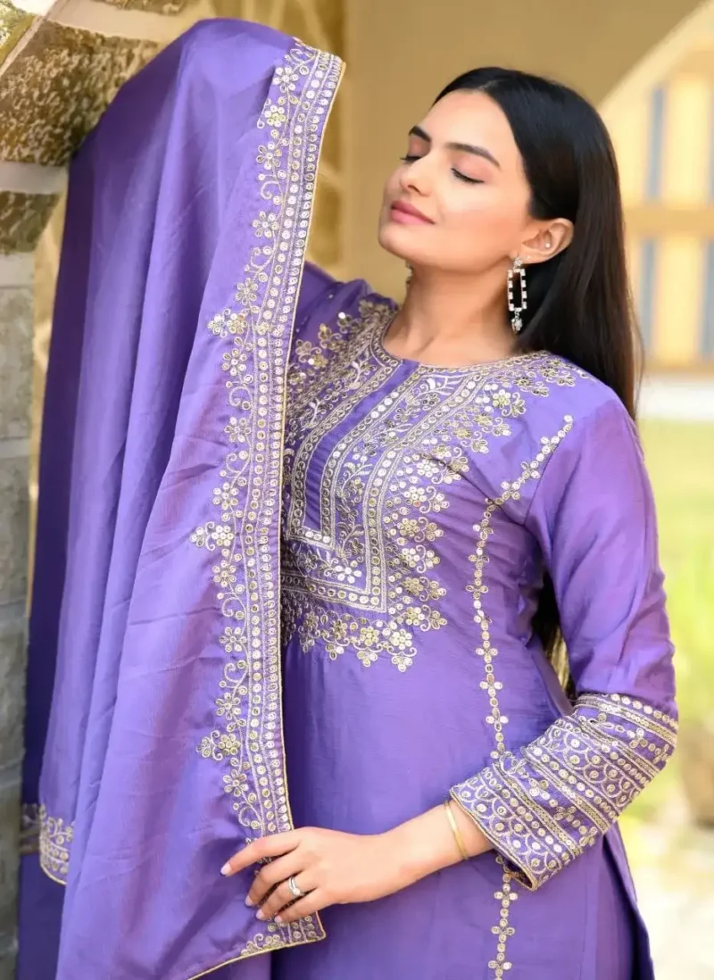 Lavender Color Designer Embroidered Chinon Suit with Coding Sequins embroidery