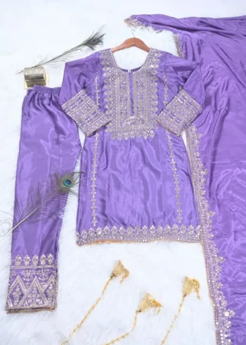 Lavender Color Designer Embroidered Chinon Suit with Coding Sequins embroidery