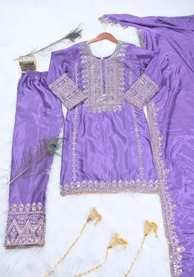 Lavender Color Designer Embroidered Chinon Suit with Coding Sequins embroidery