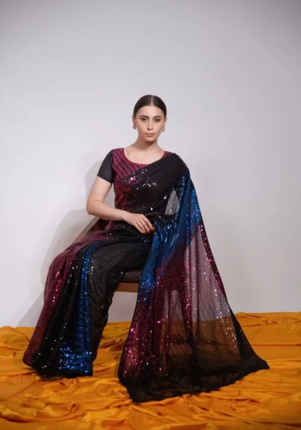 Multi Color Sequins Embroidered Designer Party Wear Saree