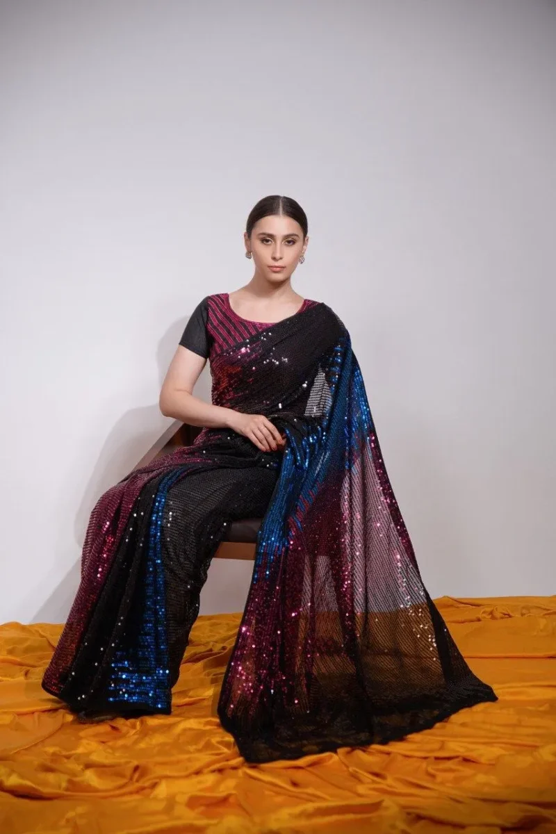 Multi Color Sequins Embroidered Designer Party Wear Saree