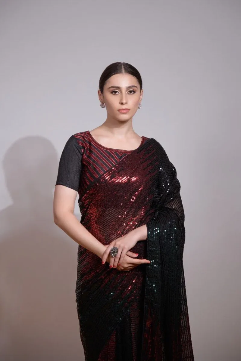 Multi Color Sequins Embroidered Designer Party Wear Saree