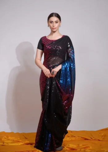 Buy Saree for Girls Farewell 14 Multi Color Sequins Embroidered Designer Party Wear Saree