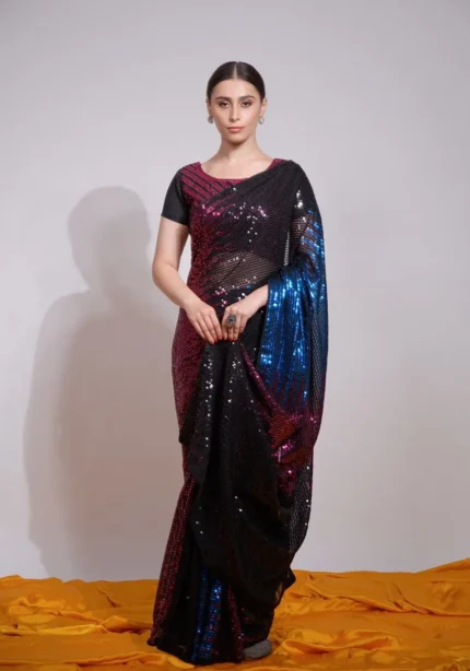 Multi Color Sequins Embroidered Designer Party Wear Saree