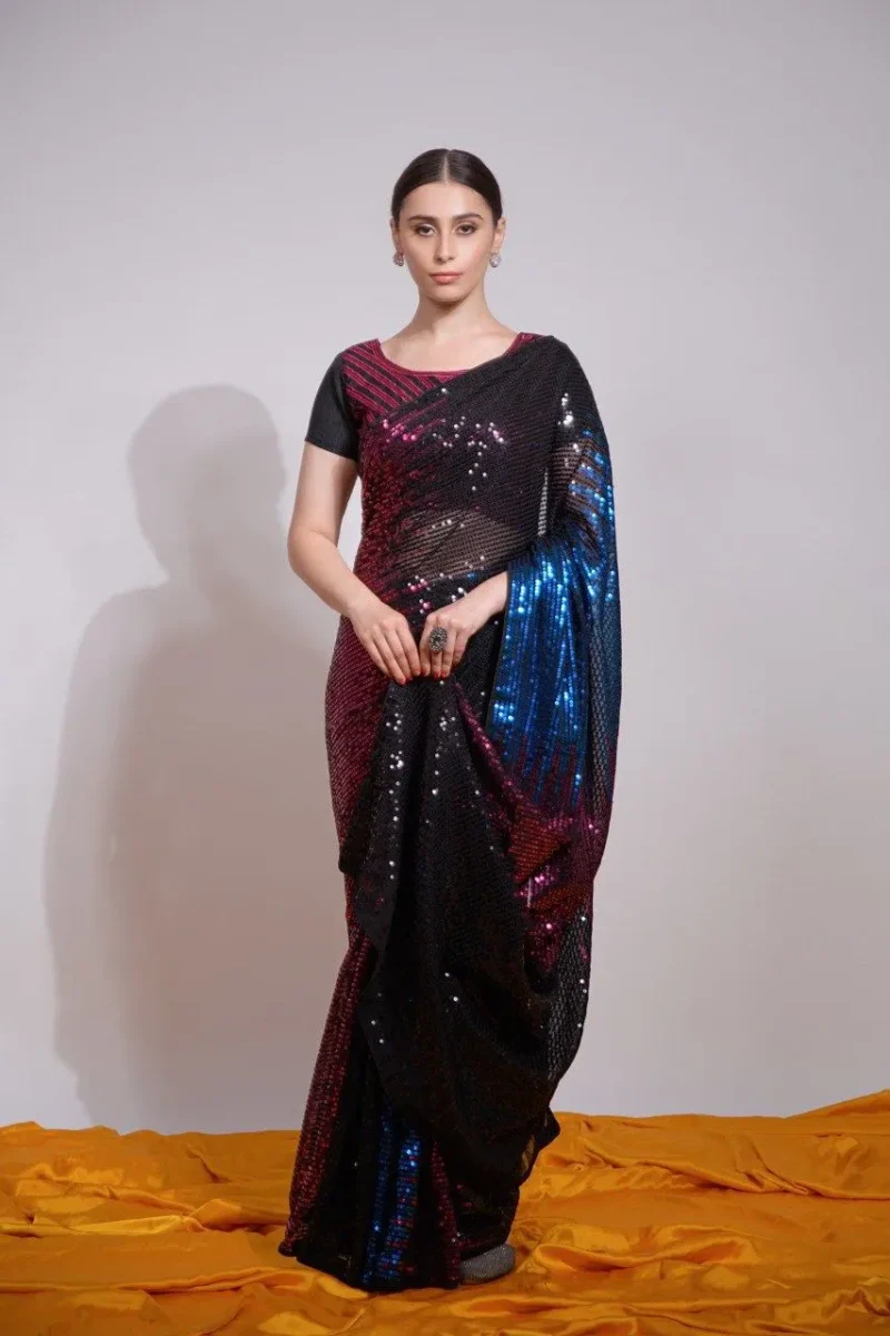 Multi Color Sequins Embroidered Designer Party Wear Saree