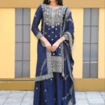Navy Blue Designer Embroiderd Chinon Suit with Sequins Embroidery Work