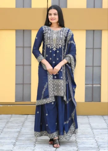 Navy Blue Designer Embroiderd Chinon Suit with Sequins Embroidery Work