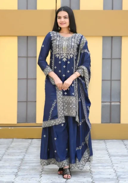 Navy Blue Designer Embroiderd Chinon Suit with Sequins Embroidery Work