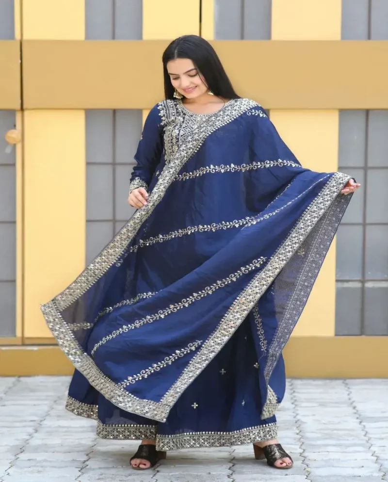 Navy Blue Designer Embroiderd Chinon Suit with Sequins Embroidery Work
