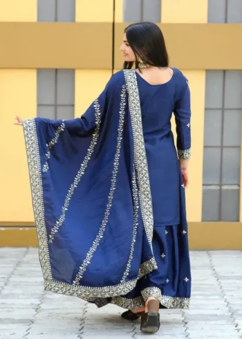 Navy Blue Designer Embroiderd Chinon Suit with Sequins Embroidery Work