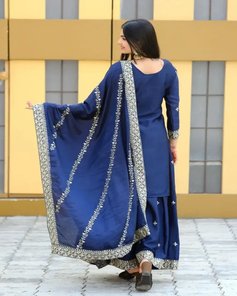Navy Blue Designer Embroiderd Chinon Suit with Sequins Embroidery Work