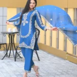 Nebulas Blue Color Designer Embroidered Chinon Suit for Wedding