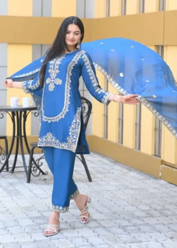 Nebulas Blue Color Designer Embroidered Chinon Suit for Wedding