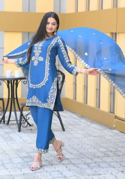 Nebulas Blue Color Designer Embroidered Chinon Suit for Wedding