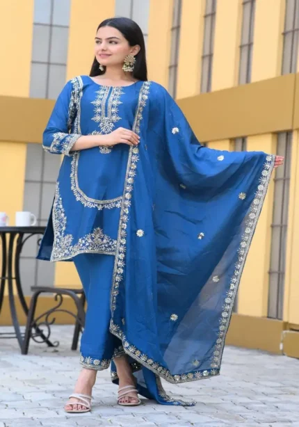 Nebulas Blue Color Designer Embroidered Chinon Suit for Wedding