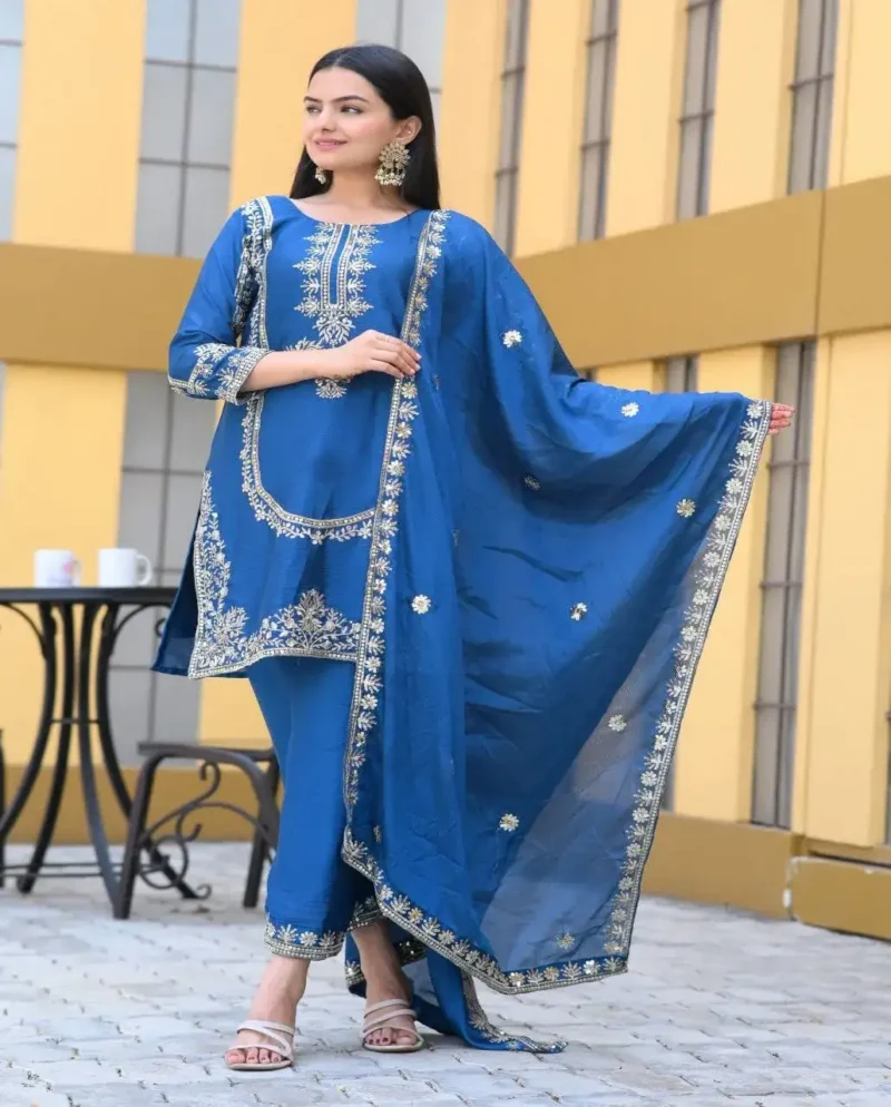 Nebulas Blue Color Designer Embroidered Chinon Suit for Wedding