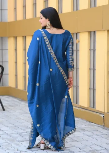 Nebulas Blue Color Designer Embroidered Chinon Suit for Wedding