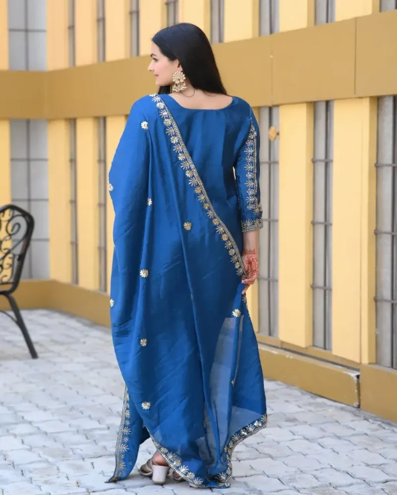 Nebulas Blue Color Designer Embroidered Chinon Suit for Wedding
