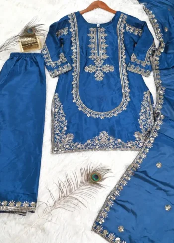 Nebulas Blue Color Designer Embroidered Chinon Suit for Wedding