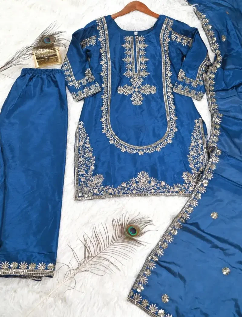 Nebulas Blue Color Designer Embroidered Chinon Suit for Wedding