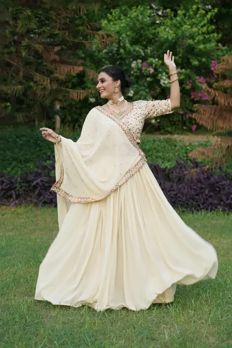 Off White Sequins Thread Embroidered Georgette Lehenga choli